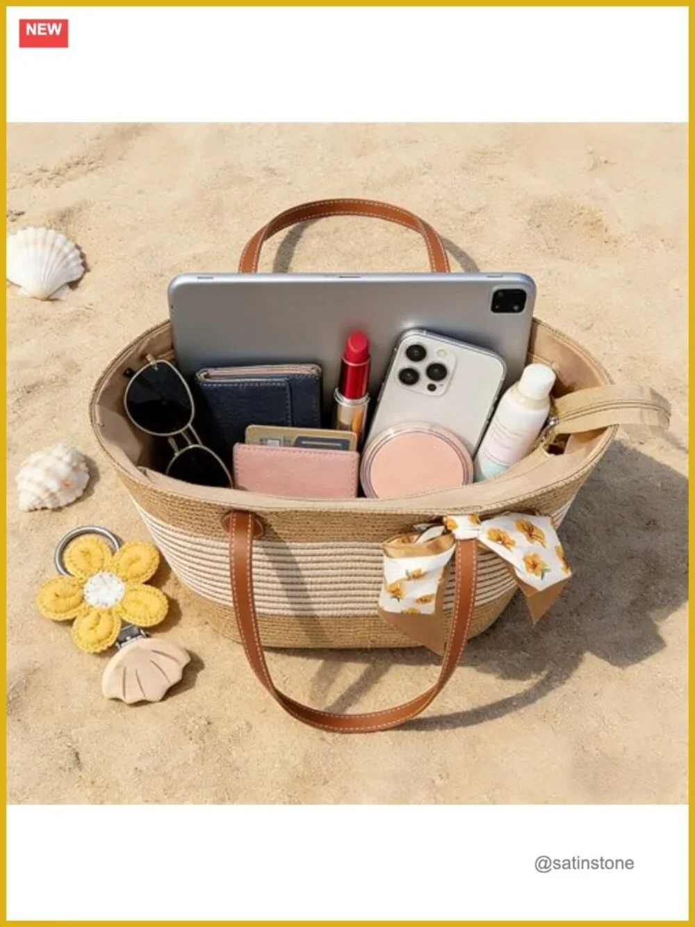 Straw Wide Brim Sun Hat & Woven Bag Set with Clip